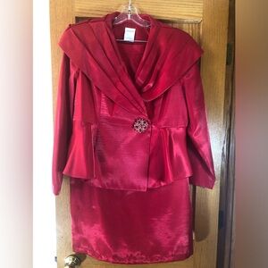 Elegant Red Satin Suit with Brooch